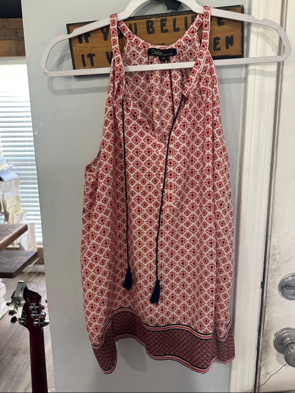 Dalia Red & White Printed Tassel Halter Tank